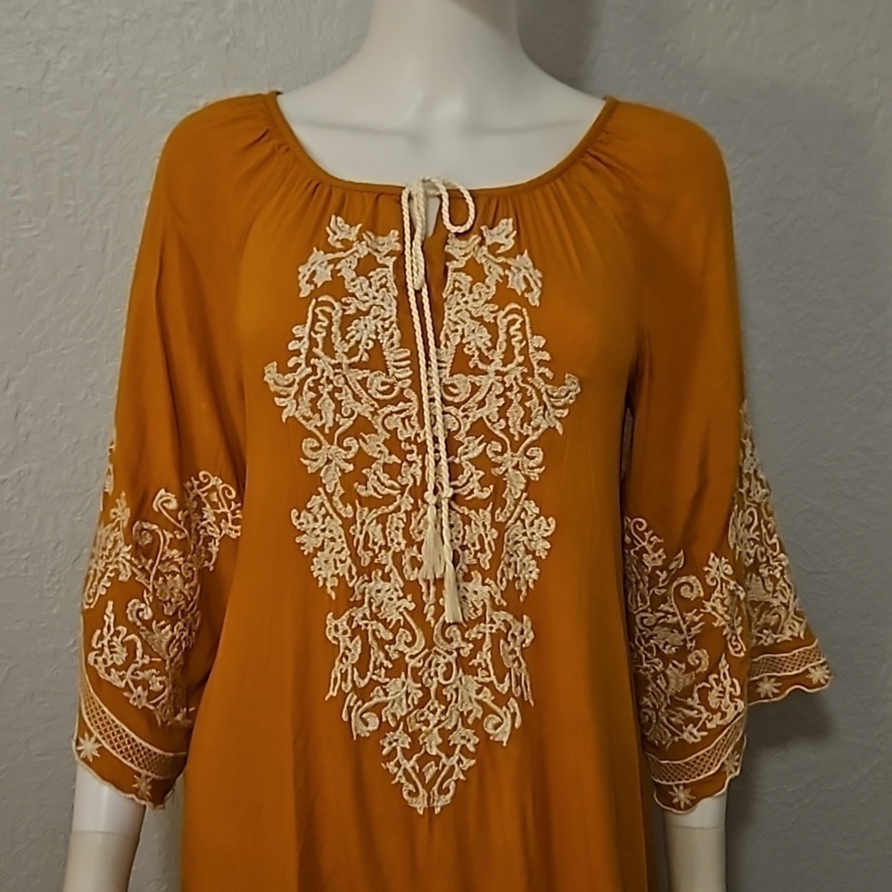 CHIC CONNECTION Mustard Yellow Floral Embroidered Boho Peasant Mini Dress - Picture 4 of 10